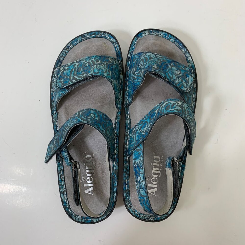 Alegria Teal Blue Floral Print Adjustable Sandals - Picture 6 of 9